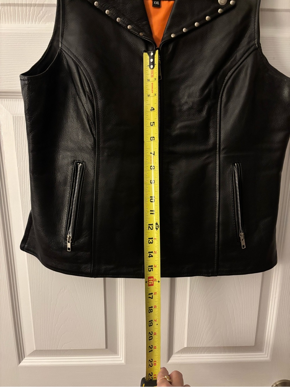Black Studded Leather Vest with Orange Lining - Women's - Picture 4 of 11